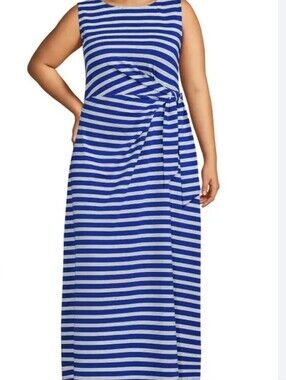 Lands' End Blue and White Striped Plus-Size Maxi Skirt with Waist Tie